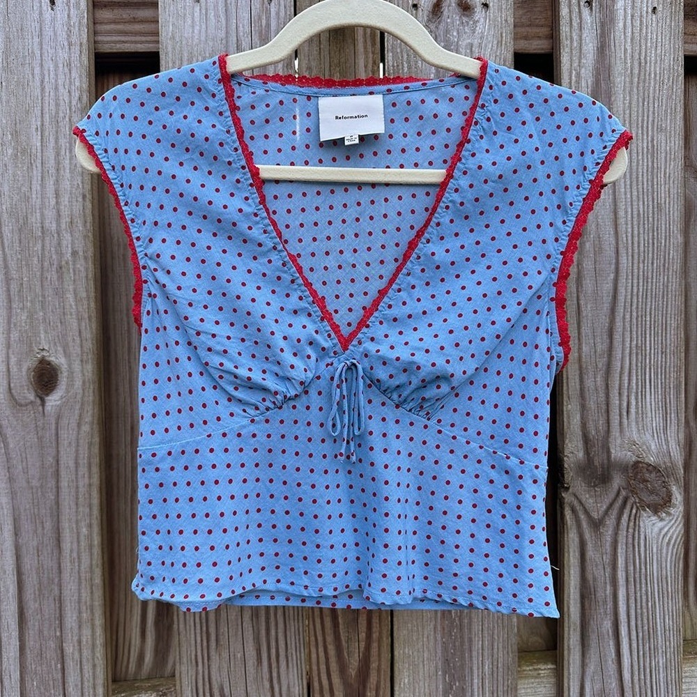 Reformation Cherry Top Summertime Dot Blue Polka Dot 0